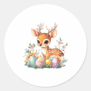 Sticker Rond Jour de Pâques, adorable bébé cerf kawaii avec des