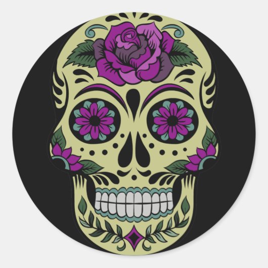 Sticker Rond Jour des morts avec Rose pourpre (Devant)