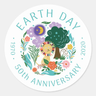 Sticker Rond Jour des terres 2020 50e anniversaire mignon Lion