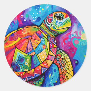 Sticker Rond Jour des terres de plage de la tortue de mer Abstr