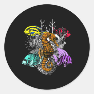 Sticker Rond Jour des terres Sauver Coral Reefs Sea Fish Seahor