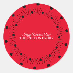 Sticker Rond Jour des Valentines Main Tirée Coeurs Rouge Noir