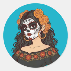 Sticker Rond Jour Día de Muertos des Marigolds de la Catrina Mo