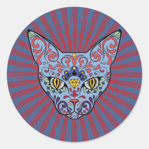 Sticker Rond Jour du crâne mort de sucre de chat bleu