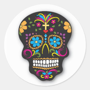 Sticker Rond Jour mexicain au néon noir de crâne de sucre des