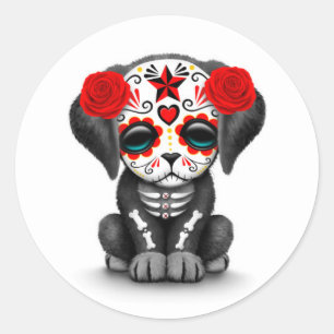 Sticker Rond Jour rouge mignon du chien chiot mort blanc