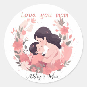Sticker Rond Journée des mères de fleurs roses personnalisées
