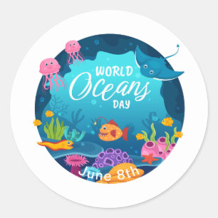 Sticker Rond Journée mondiale des océans Colorful Underwater Ma