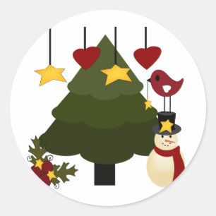 Sticker Rond Jours fériés de Noël Arbre Snowman Stars Oiseau