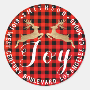 Sticker Rond Joy Deer Christmas Return RSVP Buffalo Plaid Check