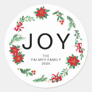 Sticker Rond Joy - Floral Christmas Wreath Nom de famille