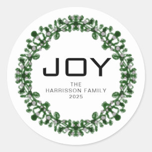 Sticker Rond Joy Floral Christmas Wreath Nom de famille Classiq