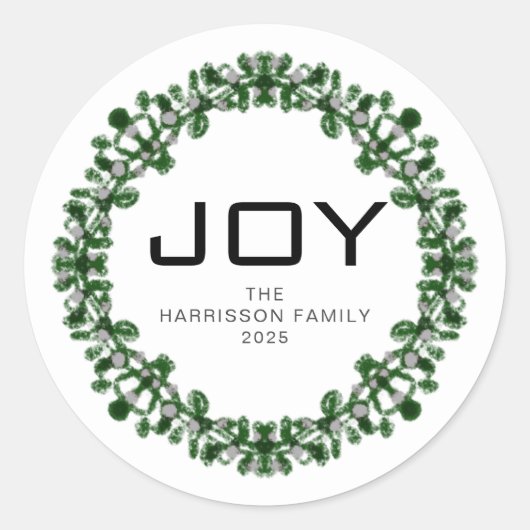 Sticker Rond Joy Floral Christmas Wreath Nom de famille Classiq (Devant)