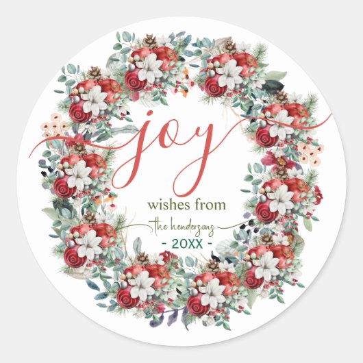 Sticker Rond Joy Handwritten Script Christmas Wreath Name Red (Devant)