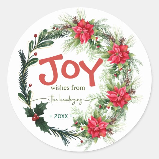 Sticker Rond Joy Handwritten Script Name Christmas Wreath Red (Devant)