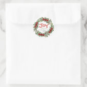 Sticker Rond Joy Handwritten Script Name Red Christmas Wreath (Sac)