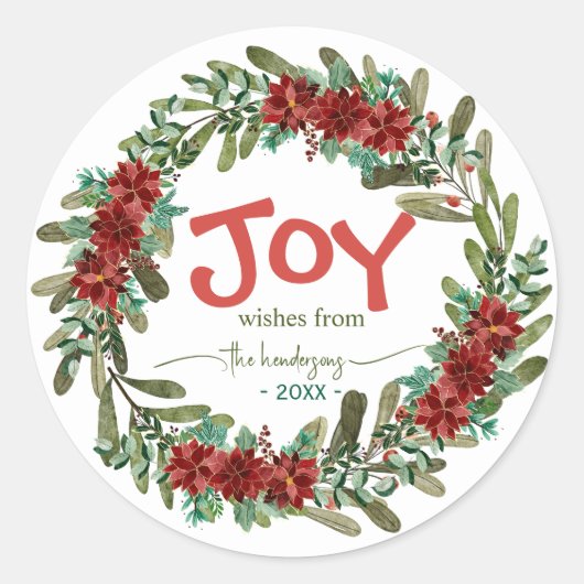 Sticker Rond Joy Handwritten Script Name Red Christmas Wreath (Devant)