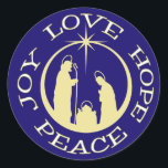 Sticker Rond Joy Love Hope Peace Christmas<br><div class="desc">Gardez le Christ dans votre correspondance de Noël et vos activités avec ce bel autocollant "Joy Love Hope Peace". Le texte tourne autour d'une scène de la nativité de silhouette dorée avec l'Étoile de Bethléem en haut. Tout est placé sur un arrière - plan bleu foncé pour le faire vraiment...</div>