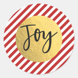 Sticker Rond JOY Noël Fêtes Rouge Blanc Rayures Feuille d'Or