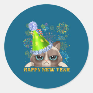 Sticker Rond Joyeuse Année 2026 Drôle Chat Nouvel An Chapeau G