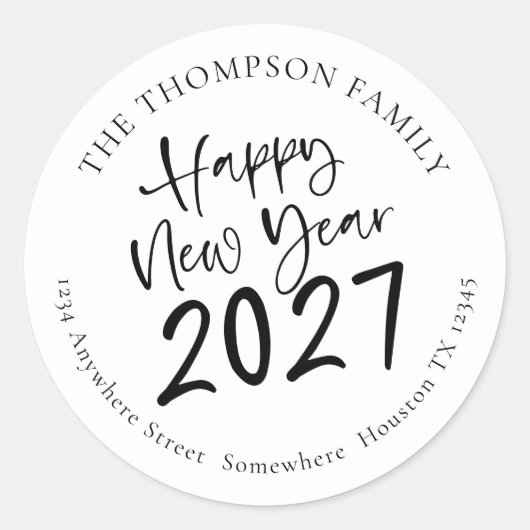 Sticker Rond Joyeuse Année 2027 Script Nom Adresse de Retour (Devant)