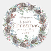 Sticker Rond Joyeuse aquarelle de Noël Wreath botanique (Devant)