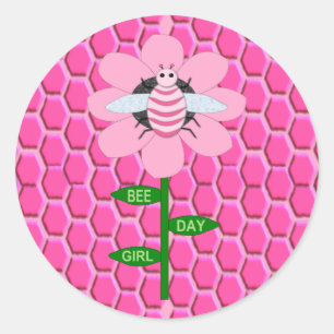 Sticker Rond Joyeuse Bee Day Girl rose Anniversaire Bumblebee