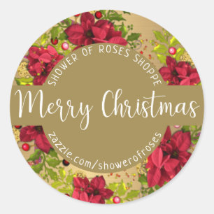 Sticker Rond Joyeuse calgraphie de Noël avec Pointsettias
