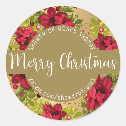Sticker Rond Joyeuse calgraphie de Noël avec Pointsettias (Devant)