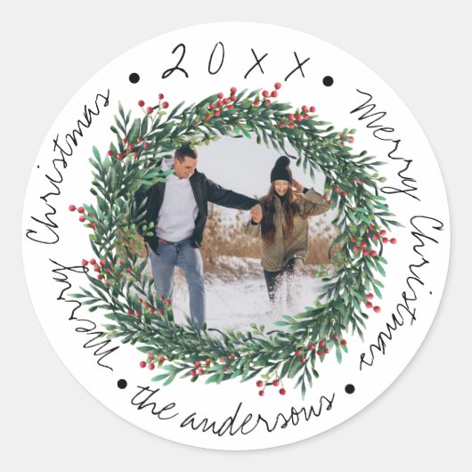 Sticker Rond  Joyeuse couronne de Noël Berries rouges Nom Photo (Devant)