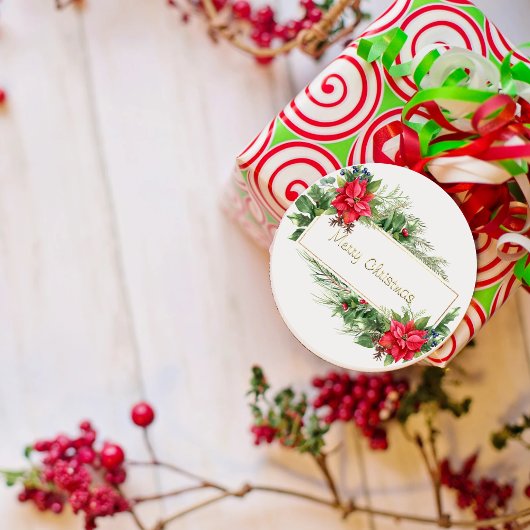 Sticker Rond Joyeuse couronne de Noël encadrée Hiver Rouge Salu