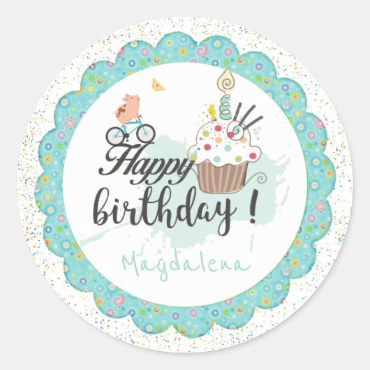 Sticker Rond Joyeuse fête d'anniversaire Cupcake mignonne  (Devant)
