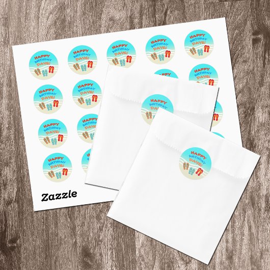 Sticker Rond Joyeuse fête d'anniversaire de plage personnalisée