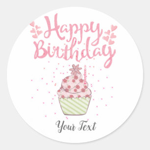 Sticker Rond Joyeuse fête d'anniversaire Personnalisé Cupcake r