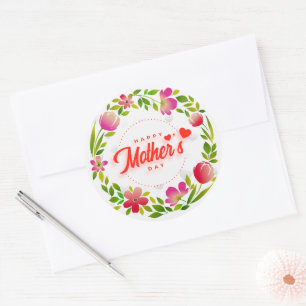 Sticker Rond Joyeuse Fête des Mères Aquarelle Fleurs Roses et C