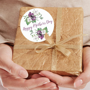 Sticker Rond Joyeuse Fête des Mères avec de jolies fleurs aquar
