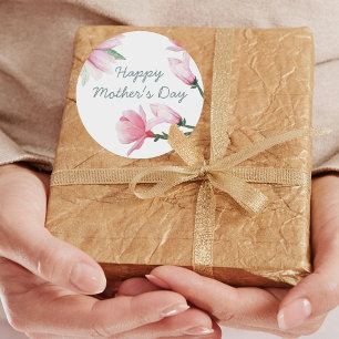 Sticker Rond Joyeuse Fête des Mères avec Magnolias Aquarelle Ro