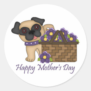 Sticker Rond Joyeuse fête des mères Panier à fleurs violettes C