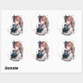 Sticker Rond Joyeuse Fille Caturday tenant Son Chat Aquarelle (Feuille)