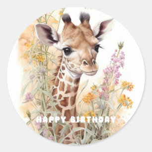 Sticker Rond Joyeuse Giraffe d'anniversaire