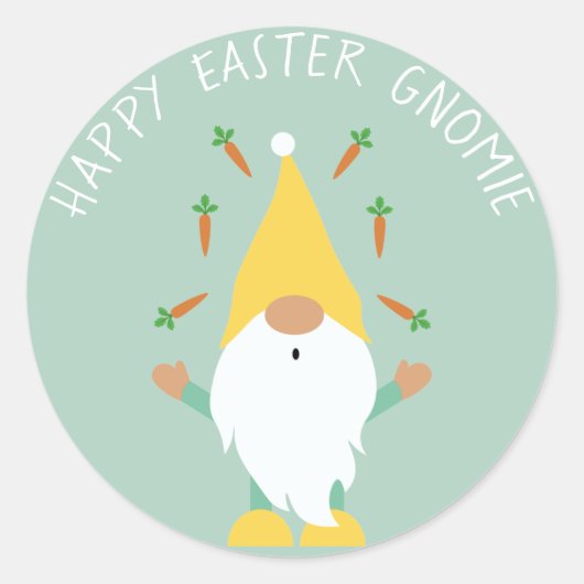Sticker Rond Joyeuse Gnomie de Pâques Jonglant des carottes (Devant)