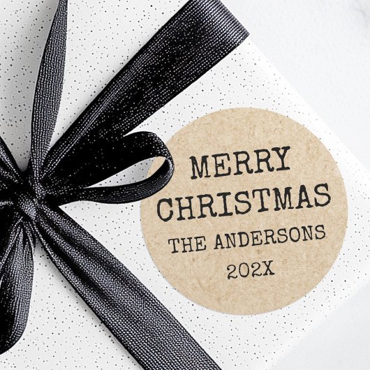 Sticker Rond Joyeuse machine à écrire de nom de Noël Kraft look