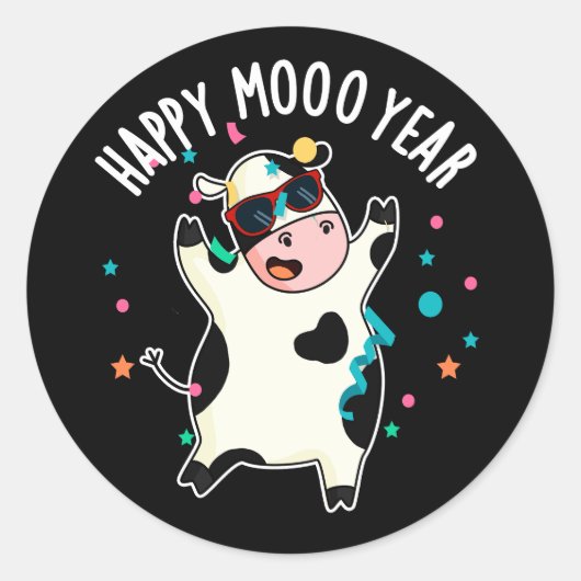 Sticker Rond Joyeuse Moo Année Funny Cow Pun Dark BG (Devant)