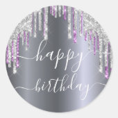 Sticker Rond Joyeuse parties scintillant d'anniversaire argent  (Devant)