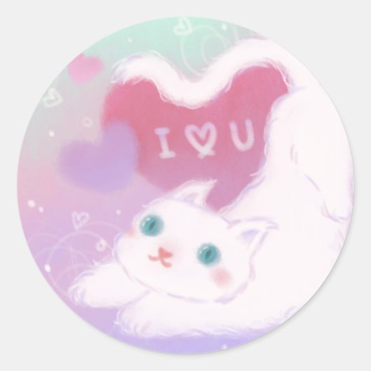 Sticker Rond Joyeuse Saint-Valentin avec chat blanc duveteux (Devant)