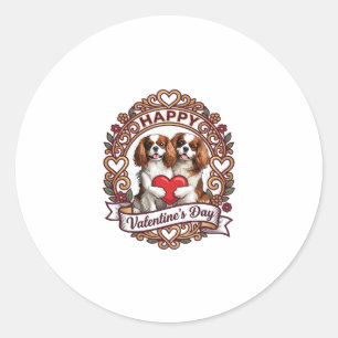 Sticker Rond Joyeuse Saint-Valentin Chien Cadre Floral Cœur Rou