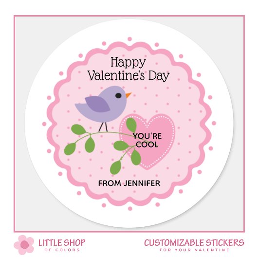 Sticker Rond Joyeuse Saint-Valentin Cœur Rose avec Oiseau