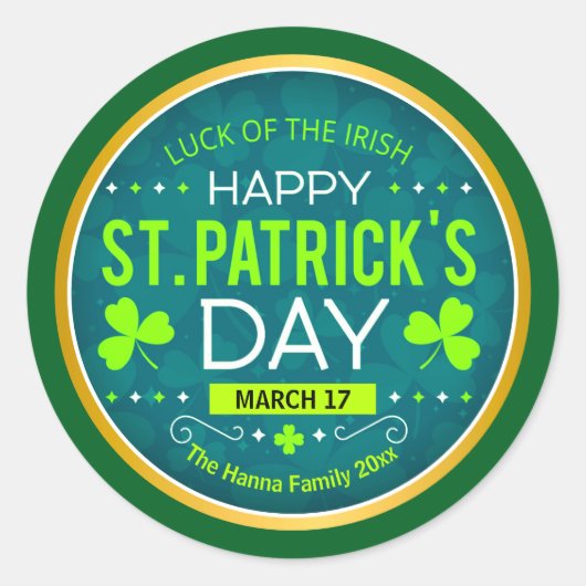 Sticker Rond Joyeuse St. Patrick, "Chance des Irlandais" (Devant)