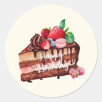 Sticker Rond Joyeuse tranche d'anniversaire de gâteau de chocol