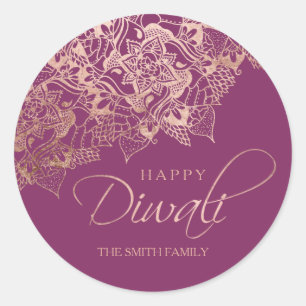 Sticker Rond Joyeuse typographie de Diwali rose d'or mandala vi